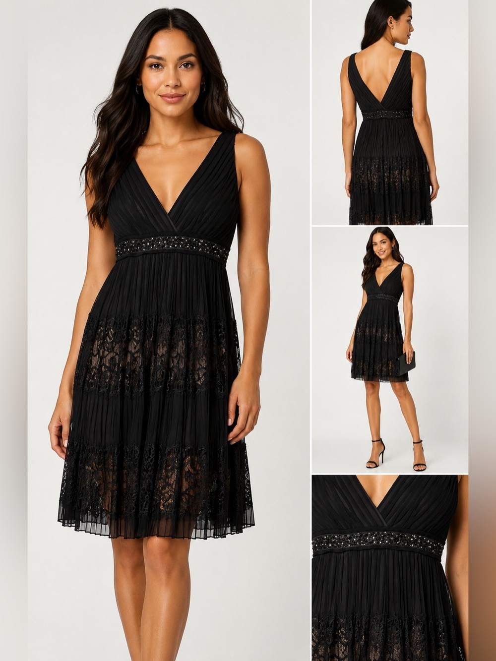 BCBGMAXAZRIA Black Silk Beaded Lace Pleated Cocktail Dress Size 4